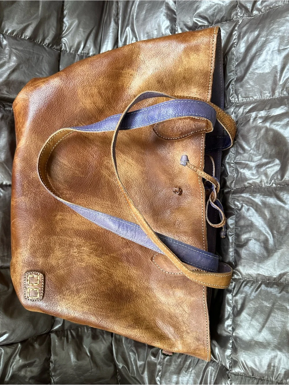 Bed Stu Tote Bag in Brown reversible into Purple Blue